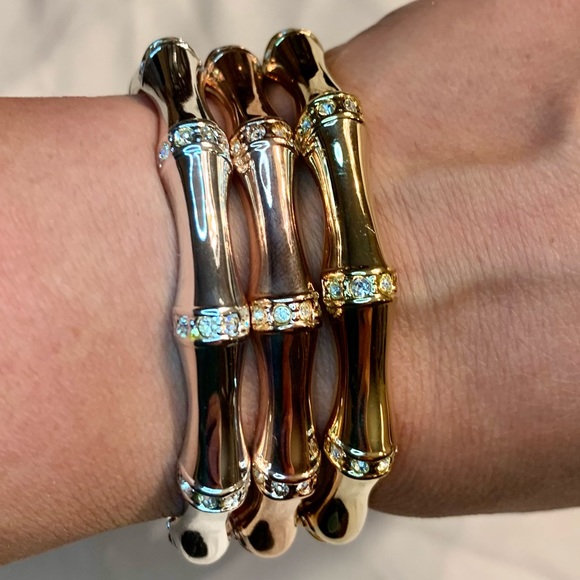 Hot in Hollywood Jewelry - NEW Bangle Bracelet Set -3 bracelets Silver Gold Rose Gold Crystals Bamboo Style